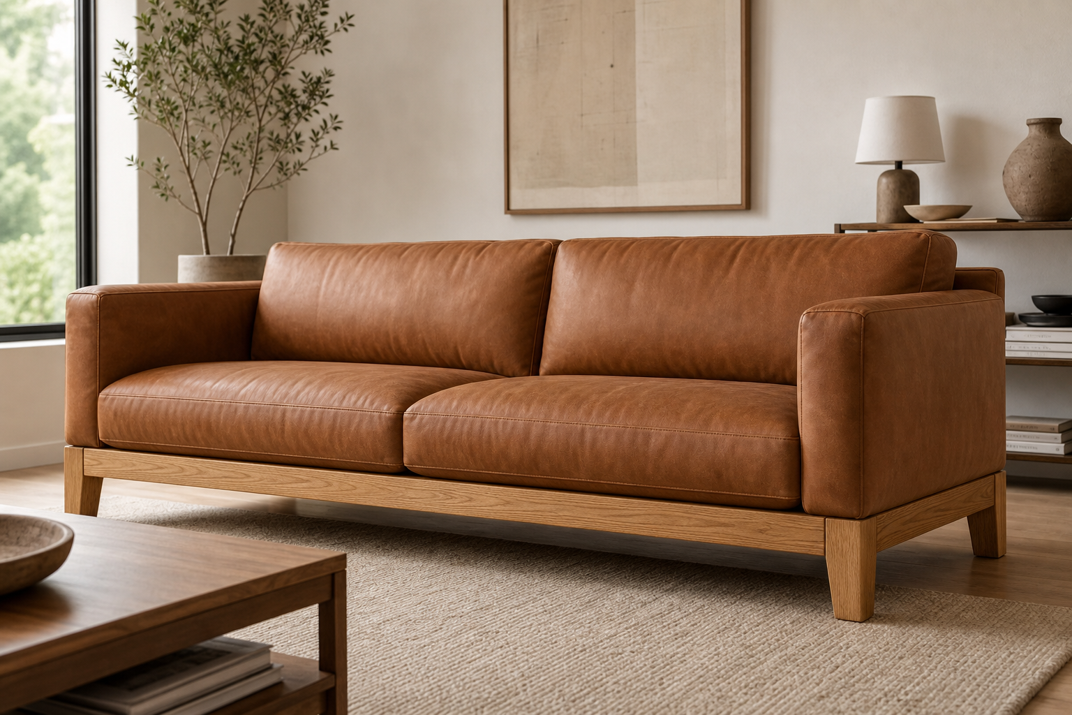 Article Timber 90-inch Leather Sofa — Charme Tan / Honey Oak